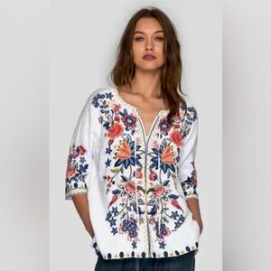 Johnny Was Tiwa Linen White Peasant Blouse , Sz XS